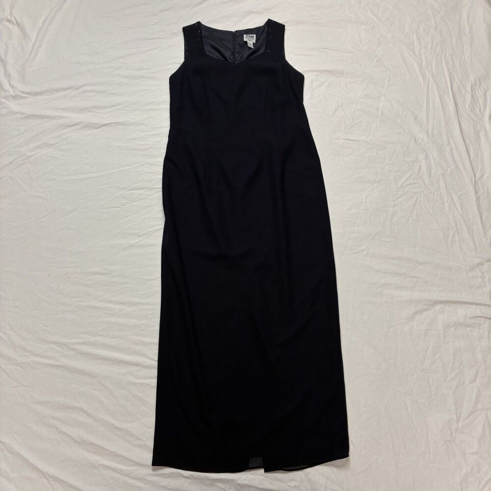 VTG R&M Richards Ankle Length Dress Woman’s 14 Tall Navy Beaded Neck Sleeveless